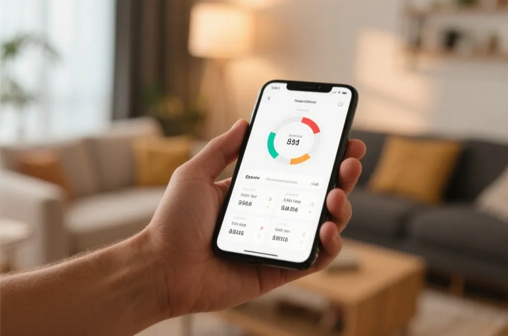 A close-up of a person holding a smartphone showing a clean user interface with sports statistics, blurred background of a modern living room, warm atmosphere, high-quality editorial style