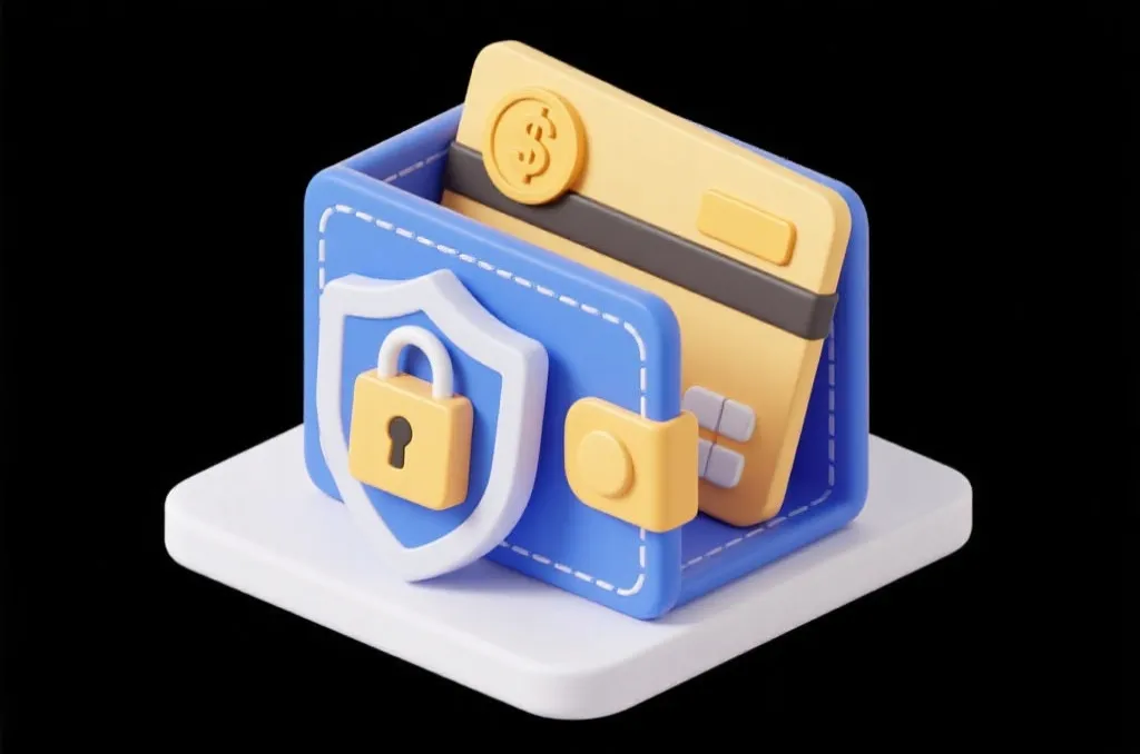 An isometric illustration of a secure digital wallet with a lock and shield